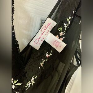 Oscar de la Renta Black Sheer Chemise with Pastel Floral Embroidery